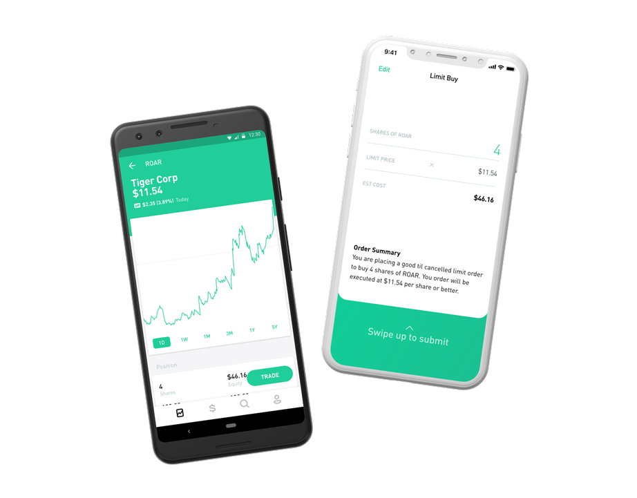 Two phones with the Robinhood app open: one viewing the details of a stock, and the other placing an order.